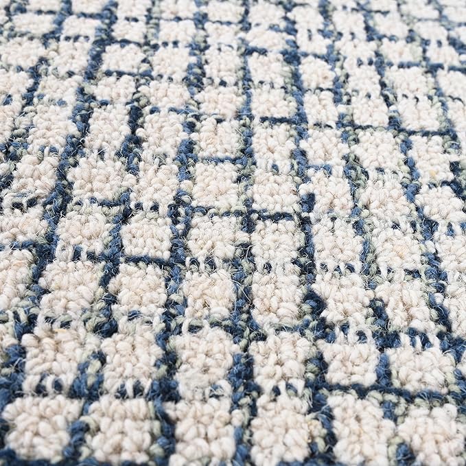 Hand-Tufted 100% Wool Pile Area Rug – Geometric Textured Grid Check Pattern – Thick and Durable Floor Carpet for Bedroom, Living Room, Kids Room, and Dining Area (Ivory, Denim, 10' x 12')