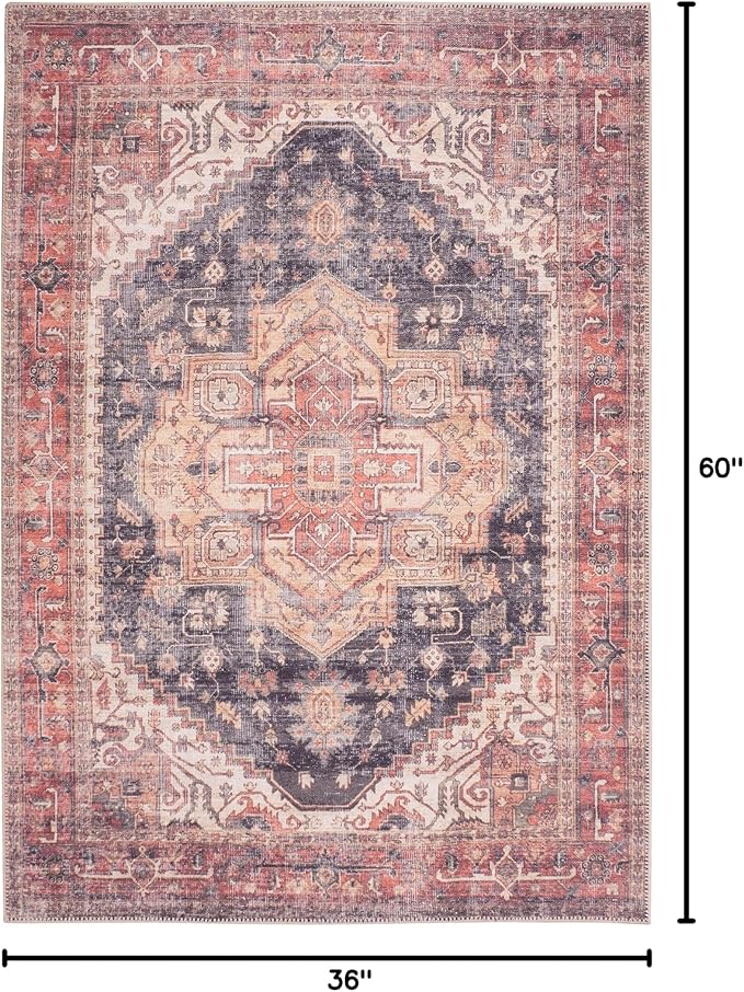 GLN Rugs Traditional Collection - Machine Washable Area Rug, Traditional Washable, Non Slip, Low Pile Chenille Rug, Living Room, Bedroom, Kitchen Rug (3' x 5' Black/Terra)