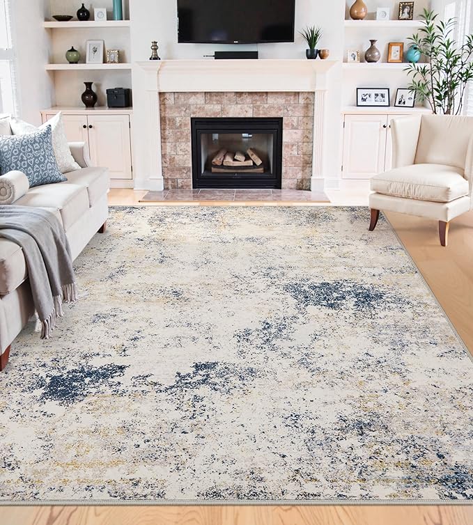 6x9 Washable Area Rugs - Modern Abstract Rugs for Living Room Non-Slip Low Pile Soft Machine Washable Carpet for Bedroom, Dining Room, Nursery, Home Office, Farmhouse (6'x9' Beige Blue)