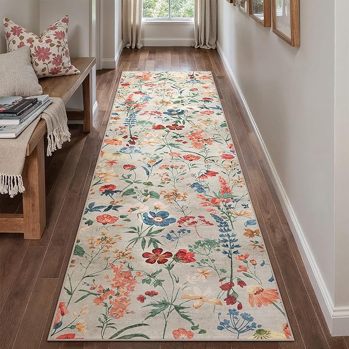 Floral Runner Rug 3x10 Washable Hallway Long Beige Bedroom Carpet Non Slip Indoor Boho Kitchen Low Pile Accent Rug Lightweight Soft for Bathroom Dining Laundry Living Room