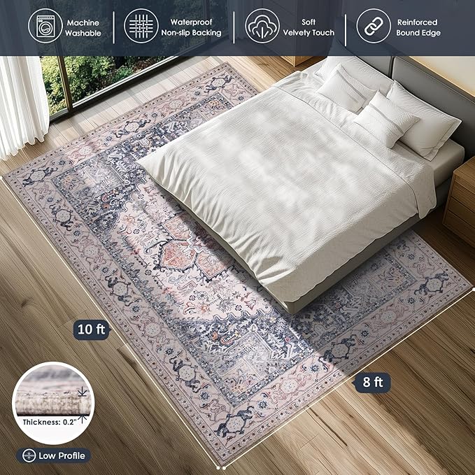 PURRUGS Vintage Farmhouse Boho Large Area Rug 8x10 ft, Non-Slip Machine Washable Rug, Accent Oriental Rug for Living Room, Dining Room, Bedroom, Entryway and Kitchen, Coral Red/Marine Blue