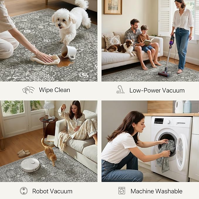 Bavni Area Rugs for Living Room, 5x7 Area Rugs Non-Slip Washable，Ultra-Thin Aesthetic Boho Rug for Bedroom Dinning Room Office, Gery