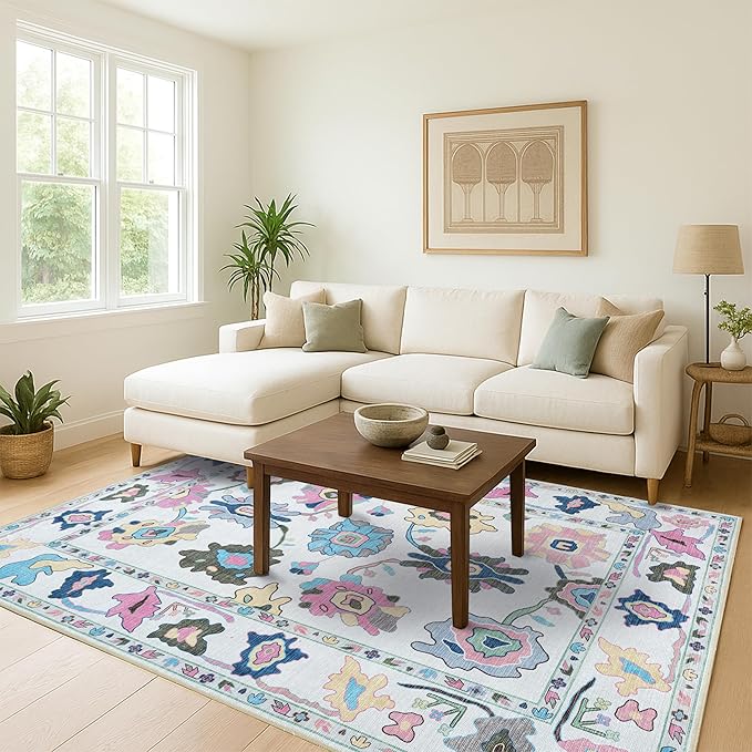 Fame Living Colorful Oushak Runner Rug, Modern Runners, Turkish, Eclectic, Floral, Pastel, Washable, Small Throw Rugs, Short Runner for Hallway, Entryway, Foyer, Bedroom, Kitchen, Bathroom, 2'5"x6'5"