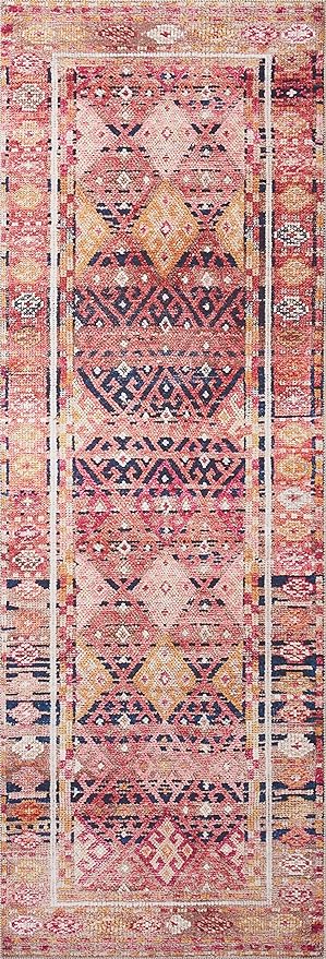 Loloi Layla Collection LAY-15 Magenta/Multi 9'-0" x 12'-0" .13" Thick Area Rug, Soft, Durable, Vintage Inspired, Distressed, Low Pile, Non-Shedding, Easy Clean, Printed, Living Room Rug