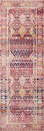 Loloi Layla Collection LAY-15 Magenta/Multi 2'-6" x 12'-0" .13" Thick Runner Rug, Soft, Durable, Vintage Inspired, Distressed, Low Pile, Non-Shedding, Easy Clean, Printed, Living Room Rug