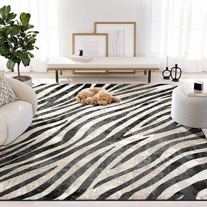 Abani Terra Area Rug for Living Room, Bedroom - Zebra Pattern - Black Cream - 2' x 3' - Durable & Easy to Clean