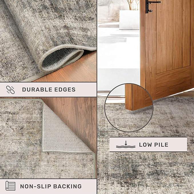 5x7 Earthy Rug for Living Room, Vintage Unique Area Rug for Bedroom Under Bed, Dining Room, Washable Non Slip Brown Gray Taupe Décor