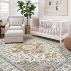 Moynesa Ultra-Thin Washable Area Rug 8x10, Large Living Room Rugs for Bedroom Under Dining Room Table, Vintage Oriental Medallion Printed Low Pile Carpet for Home Office Decor, Beige/Gold