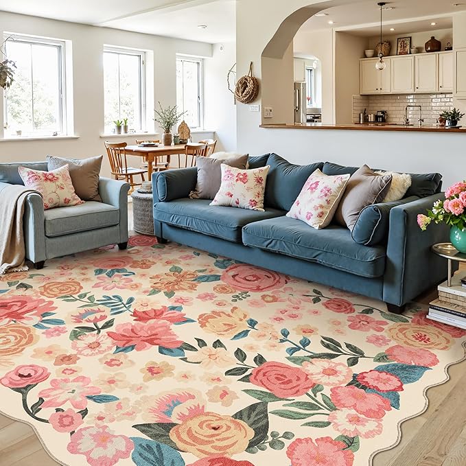 Washable Floral Area Rug 6x9 Beige Living Room Large Carpet Bedroom Scalloped Flower Non Slip Soft Throw Rug Farmhouse Low Pile Thin Indoor Floor Cover for Dining Room Office