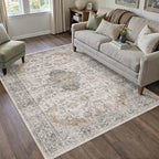 HUGEAR Retro Taupe Green Area Rug 5x7 Machine Washable Living Room Rugs Distressed Vintage Floral Low Pile Carpet Bedroom Office Dining Room Laundry Room Non Slip Soft Lightweight