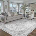 HUGEAR Area Rug 6x9 Vintage Grey Machine Washable Living Room Rugs Thin Neutral Floral Vacuumable Low Pile Carpet Bedroom Office Dining Room Laundry Room Non Slip Soft Lightweight