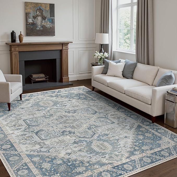 5x7 Area Rug Machine Washable Boho Rug for Living Room,Ultra-Thin Low Pile Carpet,Lightweight Indoor Printed Rug,Non Slip Floral Area Rug for Bedroom, Dining Room, Home Office,Light Blue
