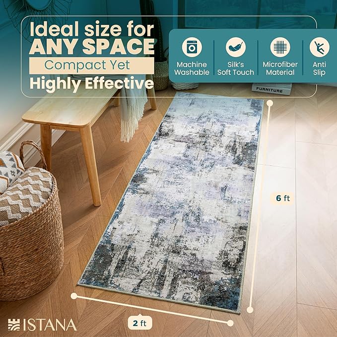 Istana Hallway Runner Rug 2x6 - Grey Navy Kitchen Rugs Non Slip Washable -Silk's Soft Touch Carpet Runner - Stylish Rug for Home