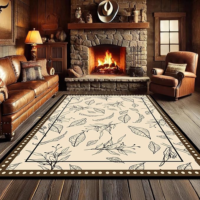 Medieval French Style Area Rugs 5x6ft, Off-White Botanical Leaf Pattern Rug, Low Pile Carpet, Washable & Non-Slip for Living Room, Bedroom, Dining Room, Dorm