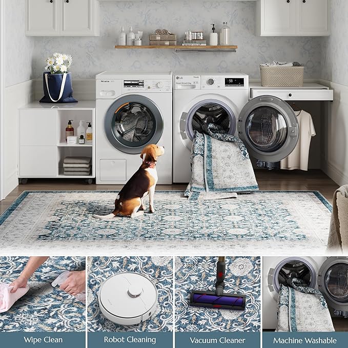 jinchan Floral 8x10 Area Rug for Living Room Machine Washable Vintage Distressed Boho Design Throw Rug Stain Resistant Carpet Low-Pile Thin Non-Slip for Bedroom Dining Room Nursery (8‘x10', Dark Blue)