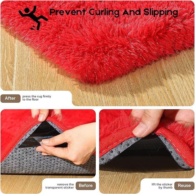 3x5 Red Rug for Bedroom Living Room, Fluffy Small Area Rug Soft Shag Carpet for Kids Boys and Girls Room with 4 Rugs Non-Slip Stickers Dorm Home Decor (3ft x 5ft)