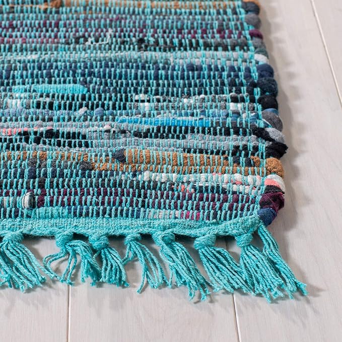 SAFAVIEH Rag Rug Collection Runner Rug - 2'3" x 10', Blue & Multi, Handmade Boho Stripe Cotton, Ideal for High Traffic Areas in Living Room, Bedroom (RAR121B)