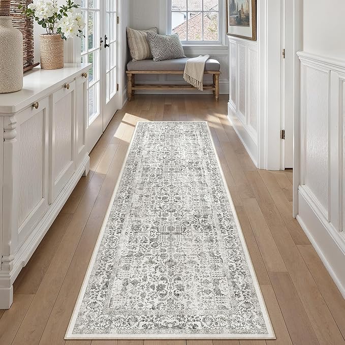 Black Runner Rug 2'6"x12' Washable Carpet for Hallway Kitchen Vintage Distressed Non Slip Indoor Retro Floral Bedroom Accent Throw Long Rug Bathroom Office Laundry Dining Living Room