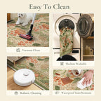 Bavni 2'6''x10 Runner Rug,Microfiber Washable Non-Slip Vintage Floral Rugs,Low Pile Lightweight Carpet for Bedroom,Hallway,Entryway,Kitchen,Bathroom, Sage Green & Burnt Orange