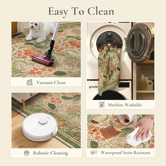 Bavni 4x6 Area Rugs, Floral Machine Washable Rugs for Living Room, Dinning Room, Bedroom, Non Slip Aesthetic Vintage Low Pile Durable Lightweight Farmhouse Rug, Sage Green & Burnt Orange