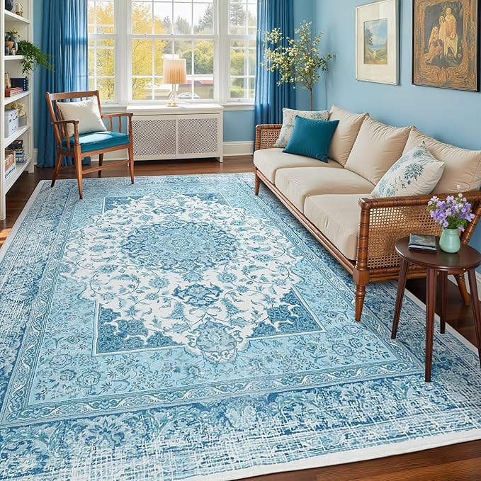 8x10 Area Rug for Bedroom, Machine Washable Rugs with Non-Slip Backing for Living Room, Large Vintage Carpet Kitchen Laundry Kids Room Decor, Celestial Blue