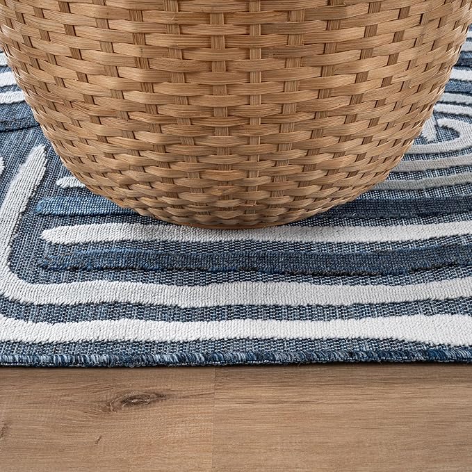CAMILSON Indoor Outdoor Rug, Navy Blue 8x10 Geometric Arch Striped Area Rugs for Patio and Home Areas, Easy-Cleaning Non-Shedding Living Room, Garden and Deck Washable Outside Carpet (8 x 10)