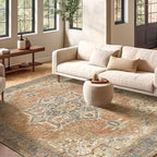 Kokia 10x14 Washable Area Rugs Terracotta with Vintage Orient Design, Soft Rug for Living Room or Bedroom, Non-Slip Low Pile Stain Resistance Features, Distressed Medallion Pattern