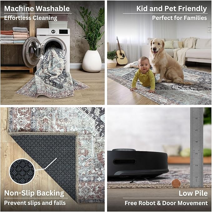 Bloom Rugs Washable Non-Slip 3' x 5' Rug - Charcoal/Brown Traditional Medallion Area Rug for Living Room, Bedroom, Dining Room, and Kitchen - Exact Size: 3' x 5'