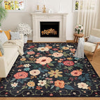 DUKINO 9x12 Area Rug, Floral Rugs for Living Room, Lightweight Non Slip Washable Rug, Indoor Low Pile & Non-Shedding Boho Design Rugs for Bedroom, Living Room, Dining Room, Black