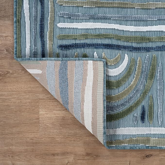 CAMILSON Indoor Outdoor Rug, Aqua 6x9 Geometric Arch Striped Area Rugs for Patio and Home Areas, Easy-Cleaning Non-Shedding Living Room, Garden and Deck Washable Outside Carpet (6 x 9)