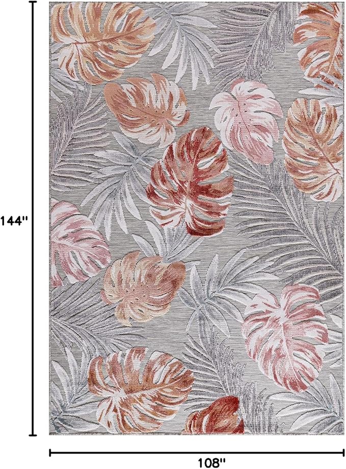 CAMILSON Indoor Outdoor Rug, Mult 9’x12’ Leaf Tropical Botanical Area Rugs for Indoor and Outdoor patios, Easy-Cleaning Non-Shedding Living Room, Garden and Kitchen Washable Outside Carpet (9x12)