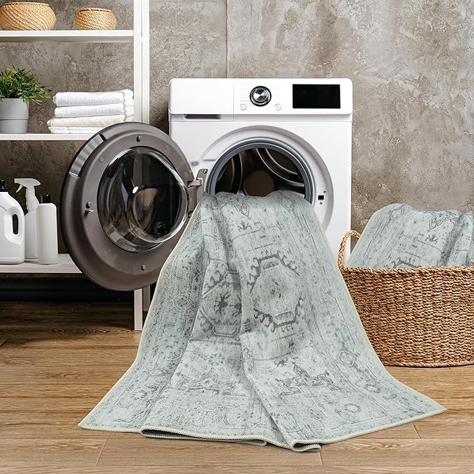GLN Rugs Traditional Collection - Machine Washable Area Rug, Traditional Washable, Non Slip, Low Pile Chenille Rug, Living Room, Bedroom, Kitchen Rug (5'3" Round Cream/Gray/Sea Salt)