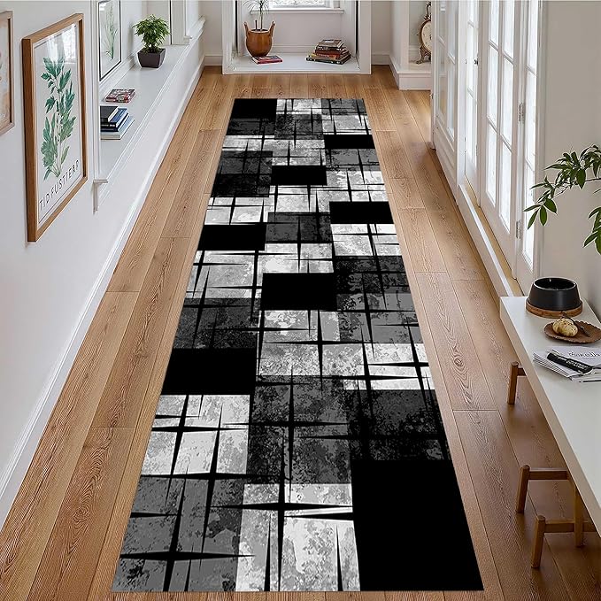 Distressed Checkered Runner Rugs, 2.6x7ft, Washable Runner Rug with Rubber Backing, Soft Vintage Geometric Black Grey Floor Carpet for Front Door Home Office