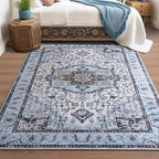 Runner Rug 2×6, Machine Washable Non-Slip Vintage Area Rug, Low Pile, Indoor Carpet Printed Floral Rugs for Living Room, Entryway, Kitchen, Bedroom,Blue
