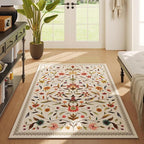 Vintage Medallion Floral 3x5 Washable Rug, Soft Low Pile Area Rug, Non-Slip Carpet for Bedside, Bedroom, Bathroom, Entryway, Kitchen, Office, Kids/Girls Room | Beige