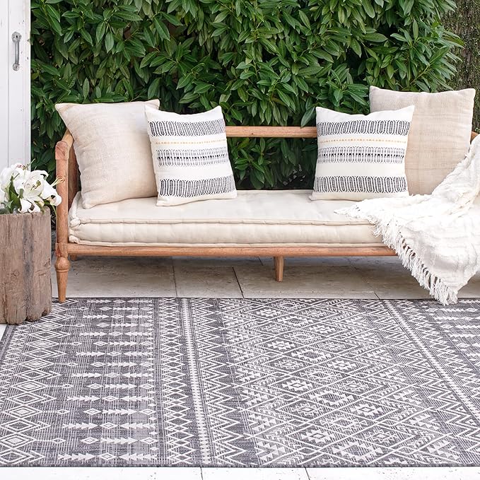 FH Home Flat Woven Outdoor Rug - Waterproof, Easy to Clean, Stain Resistant - Premium Polypropylene Yarn - Boho Moroccan - Patio, Porch, Deck, Balcony - Dakar - Charcoal - 5ft 2in x 7ft 6in