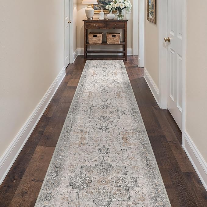 2'6''x14 Runner Rugs for Hallway, Machine Washable Non Slip Vintage Rugs, Low Pile Soft Print Rug for enrtyway, Corridor, Home Office,Light Taupe Brown