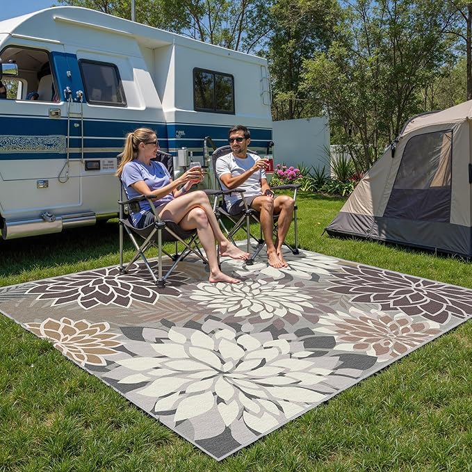 8x10 Outdoor Area Rug Washable Multicolored Patio Rug Tropical Botanical Floral Chenille Waterproof Outdoor Carpet Non-Slip for Deck, Backyard, Porch, Taupe