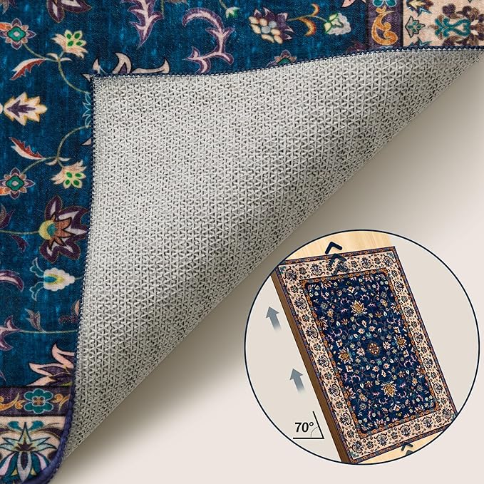 Tangsoo 2x3 Washable Rugs for Entryway, Small Area Vintage Floral Rug Non-Slip Soft Low Pile Rugs, Small Carpet Door Mat, Front Door Indoor Throw Rug for Entrance Kitchen Entry, Home Decor Navy Blue