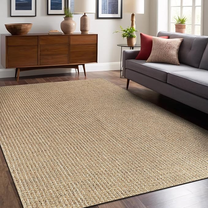 Easy Jute Rugs 9x12 Natural Color Living Room Indoor Outdoor Area Rug for Patio Farmhouse and Kitchen Rug High Traffic Easy to Clean Washable Solid Boho Woven Design Outside Carpet (9 x 12)