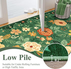DUKINO Runner Rug, 2x10 Kitchen Hallway Carpet, Washable with Non-Slip Backing, Low Pile Soft Boho Floral for Entryway, Laundry, Bedroom, Dark Green
