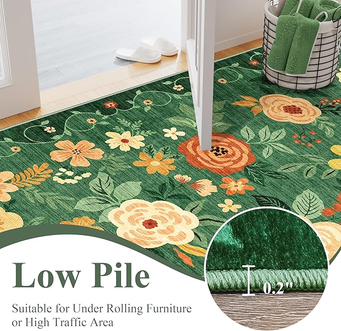 DUKINO 8x10 Area Rug, Floral Rugs for Living Room, Lightweight Non Slip Washable Rug, Indoor Low Pile & Non-Shedding Boho Design Rugs for Bedroom, Living Room, Dining Room, Dark Green