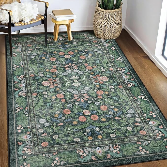 3x5 Washable Area Rug Floral Green Entryway Small Rug Vintage Forest Low Pile Non Slip Stain Resistance Soft Carpet for Kitchen, Bedroom Beside, Laundry Room, Office Rug, Kids Room, Nursery Room