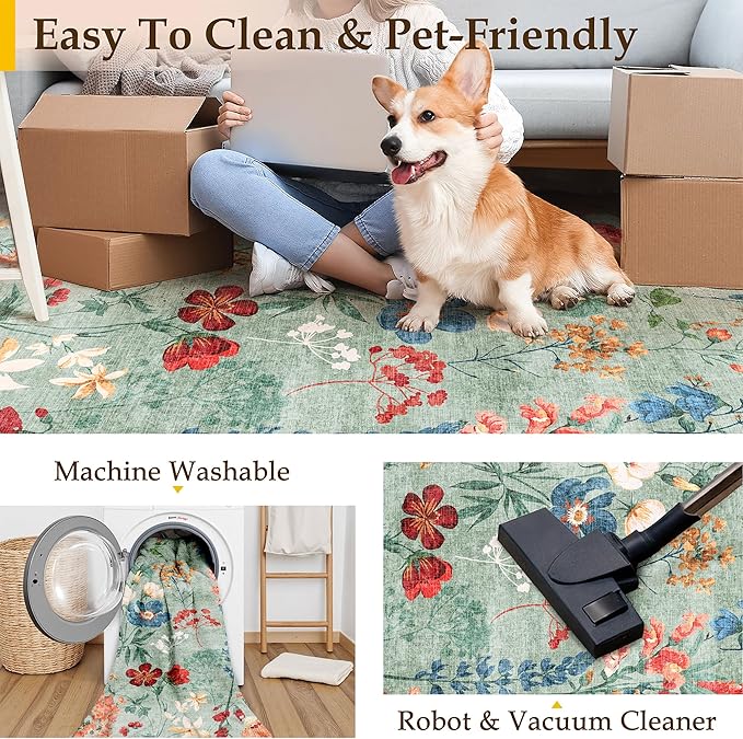 Floral Runner Rug 2x6 Washable Hallway Long Green Bedroom Carpet Non Slip Indoor Boho Kitchen Low Pile Accent Rug Lightweight Soft for Bathroom Dining Laundry Living Room