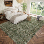 Washable 9x12 Area Rugs for Living Room, Boho Non-Slip Vintage Distress Lager Rugs for Bedroom Dining Room Nursery Office, 0.3" Neutral Oriental Throw Thin Carpet, Grass Green/Multi