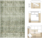 FMFUNCTEX 6x9 Washable Area Rug Green Vintage Neutral Distressed Large Non Slip Carpet for Living Room Bedroom Soft Low Pile Indoor Mat Retro Throw Rug for Dining Room Kitchen Office Nursery