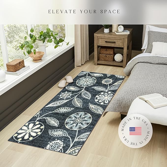 Maples Rugs Reggie Floral Runner Rug - Made in USA - Washable, Non Slip Indoor Carpet for Kitchen, Hallway, and Laundry Room, 2'6" x 5', Persian Blue