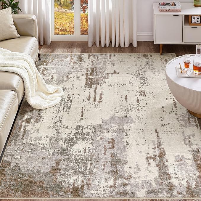 9x12 Area Rug Living Room Rugs - Washable Neutral Modern Abstract Soft Thin Rug Indoor Floor No Slip Rug Carpet for Bedroom Under Dining Table Home Office Decor - Brown/Grey/Beige