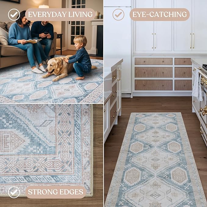 Washable Area Rug. Modern Farmhouse. Vintage. Turkish. Bohemian. Distressed. Oriental. Traditional. Rugs for Living Room. Dining. Bedroom. Office. Entryway. Foyer. (852CB, 2'5 x 9'8)