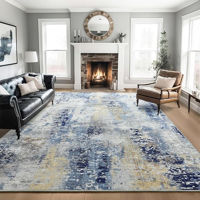 Living Room Rug 7x10 Ultramarine Area Rugs Machine Washable Abstract Boho Large Rug Non-Slip Non-Shedding Faux Wool Indoor Vintage Carpet for Bedroom, Classroom, Dining Room, Kids Playroom